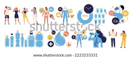 Drinking water set with isolated compositions of water saving and disposal icons with doodle human characters vector illustration