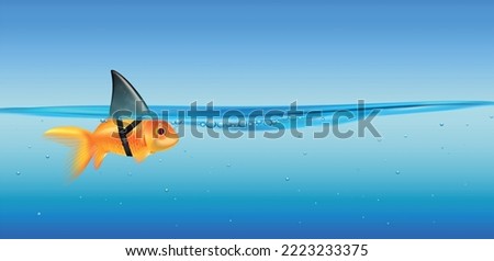 Big dream cartoon realistic composition depicting little golden fish with shark fin strapped on vector illustration