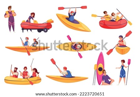 River rafting cartoon icons set with people doing extreme water sports isolated vector illustration