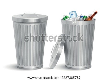 Realistic iron bin with garbage composition of two isolated views of metal trash bins with waste vector illustration