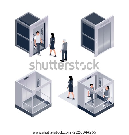 Isometric set of isolated icons with human characters stepping into elevator glass cabs on blank background vector illustration