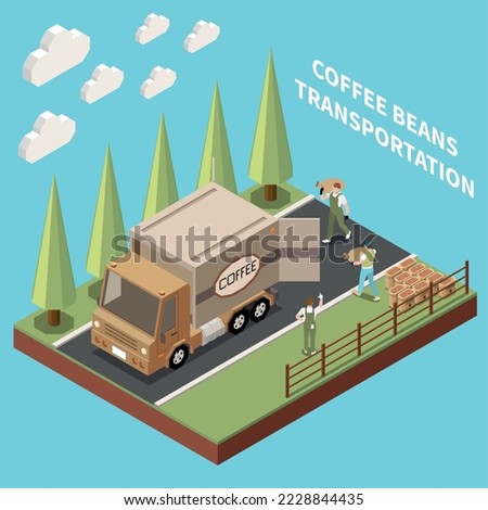 Coffee production industry isometric background with workers preparing transportation of raw packed beans vector illustration