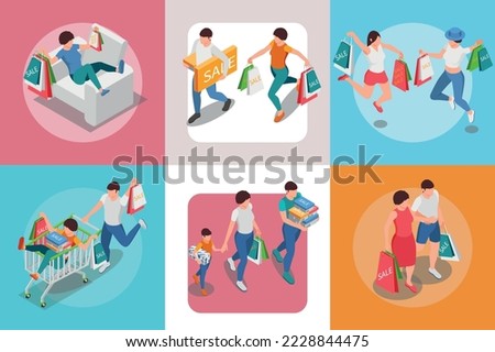 Shopping people isometric set of round compositions with human characters with purchased goods in bags boxes vector illustration