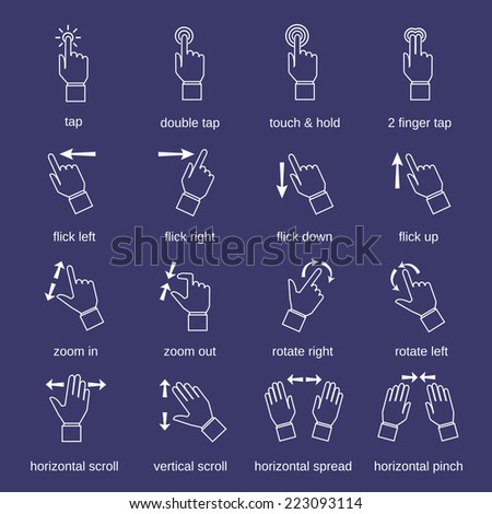 Touch pad screen interface hand gestures outline icons set isolated vector illustration