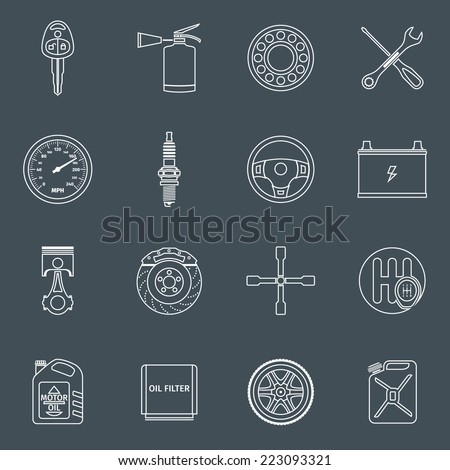 Car system vehicle parts technology auto repair outline icons set isolated vector illustration.