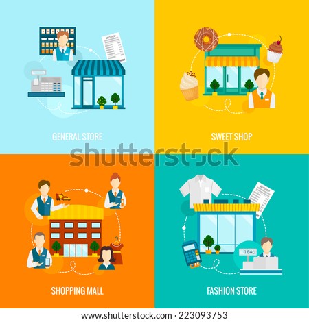 Store buildings flat icons set with sweet fashion general shop mall vector illustration