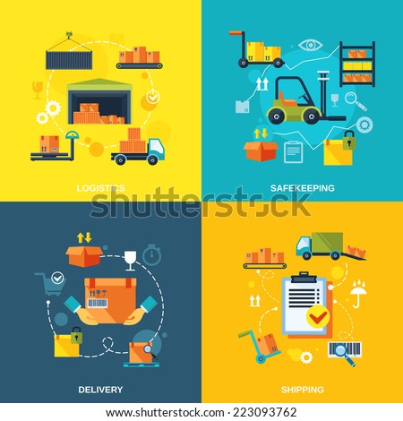 Warehouse flat set of logistics safekeeping delivery shipping isolated vector illustration