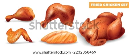 Realistic fried chicken set with roasted carcass breasts wing leg and quarter isolated vector illustration