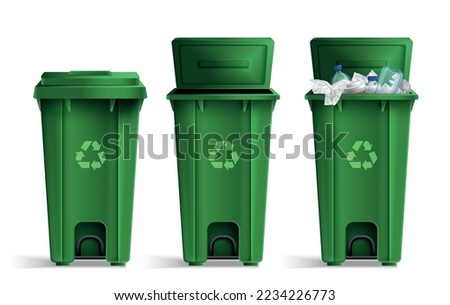 Realistic green trash buckets set with three isolated front views of closed open and filled bins vector illustration