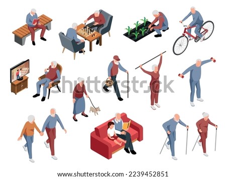 Isometric old people activity icon set elderly people read books play chess take care of seedlings watch TV go for walks play sports vector illustration