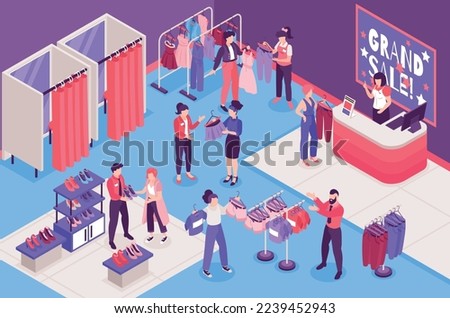 Clothing store isometric interior with shop assistants helping customers choose clothes and shoes 3d vector illustration