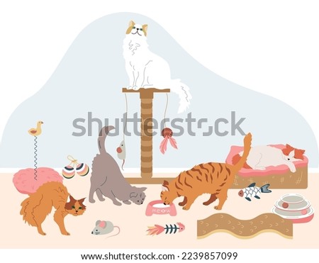 Cat accessories flat background with composition of multiple cats sitting on condo eating playing with toys vector illustration