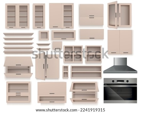 Realistic modern kitchen interior furniture elements set with cooker exhaust hood and empty cupboards and shelves isolated vector illustration