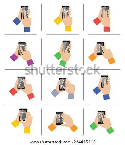 Hand holding mobile smartphone gestures icons set isolated vector illustration