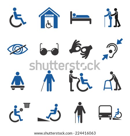 Disabled people care help assistance and accessibility icons set isolated vector illustration