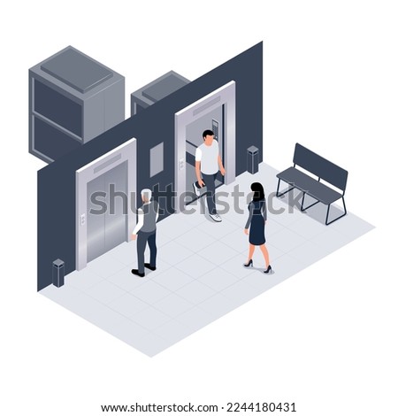 Modern interior of office space with two passenger elevators isometric composition vector illustration