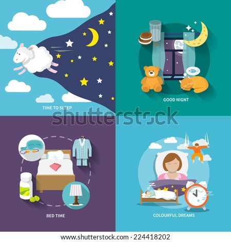 Sleep time icons flat set with good night bed colourful dreams isolated vector illustration