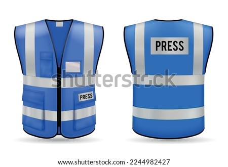 Press blue safety vest with reflective stripes front and back views realistic set isolated vector illustration