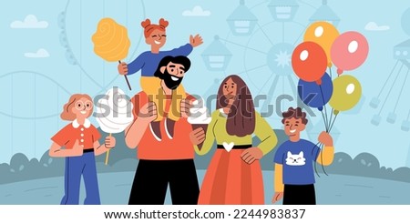 Amusement park flat composition with flat silhouette background with ferris wheel and characters of family members vector illustration
