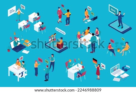 Language school isometric set of people learning foreign language online in class with tutor and in speaking club isolated vector illustration