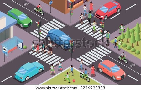 Children road safety rules isometric composition with outdoor view of city roads intersection with cars pedestrians vector illustration