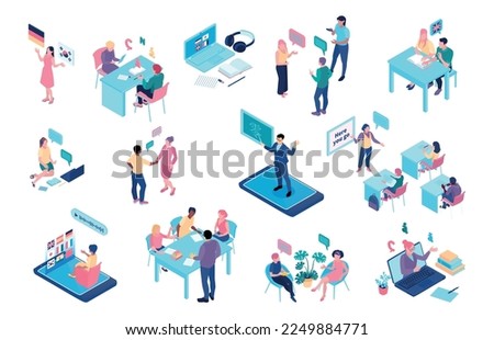 Language school isometric color icons demonstrated blended learning online lessons training group english tutor speaking club isolated vector illustration