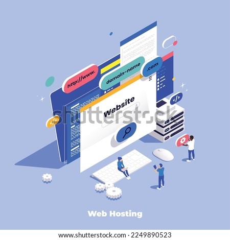 Web hosting isometric composition with icons of website windows and buttons on desktop computer with people vector illustration