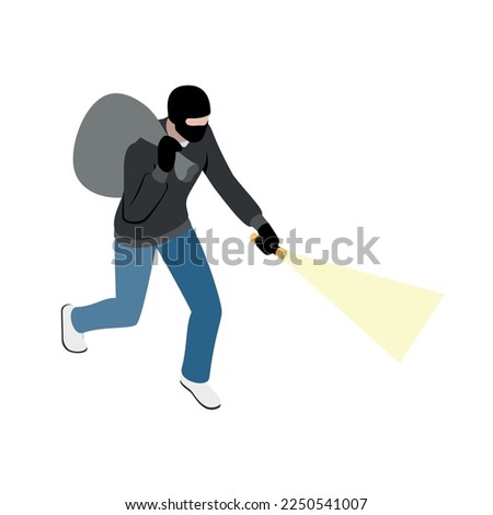 Thief burglar robber isometric composition with isolated fraud view with criminal wearing mask vector illustration