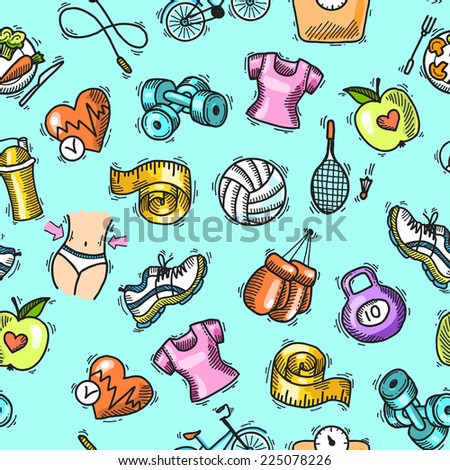 Fitness bodybuilding diet sport training exercise colored sketch seamless pattern vector illustration