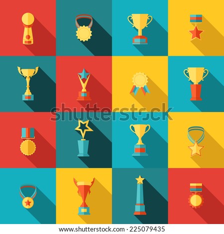 Trophy icons flat set of medallion success award winner medal isolated vector illustration