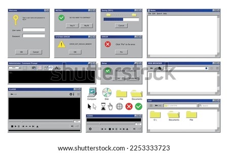 Old program windows set with isolated images of retro computer app interface with colorful icons buttons vector illustration