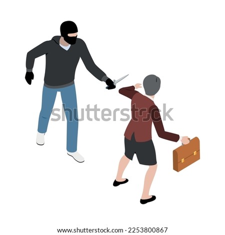 Thief burglar robber isometric composition with isolated fraud view with criminal wearing mask vector illustration