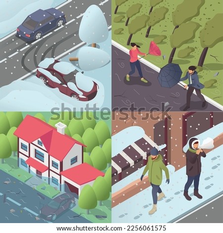 Bad weather 2x2 design concept set of four square fragments with natural flood strong wind and snowfall isometric vector illustration