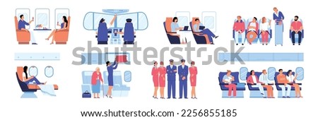 Airplane interior flat icons set with cabin crew and passengers isolated vector illustration