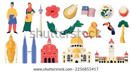 Malaysia travel icons flat set with tourist attractions and culture symbols isolated vector illustration