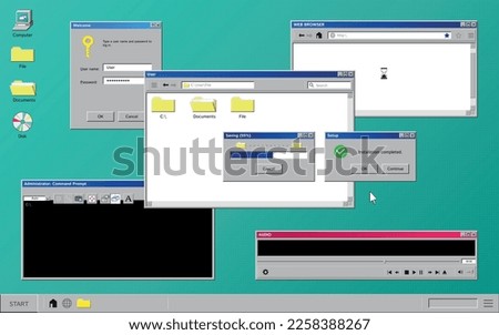 Old program composition with set of computer windows on retro desktop with icons folders and buttons vector illustration