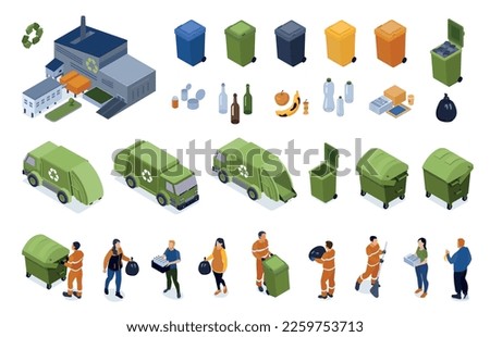 Isometric recycling set with isolated bins separated rubbish dump trucks human characters and waste treatment plant vector illustration