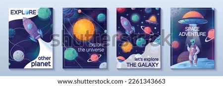 Space cartoon banners set of four vertical posters with text exploring universe and space adventure images vector illustration