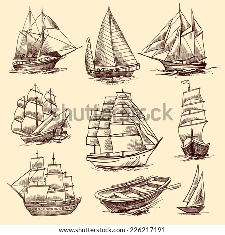 Sailing tall ships yachts and boat sketch decorative elements isolated vector illustration