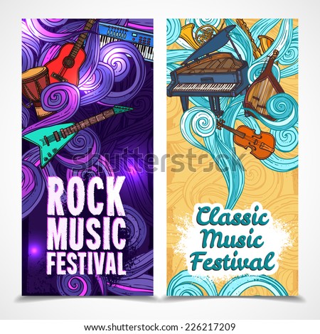 Classic and rock music festival vertical banners set with instruments isolated vector illustration