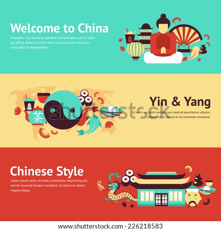 China travel asian traditional culture chinese style symbols banner set isolated vector illustration