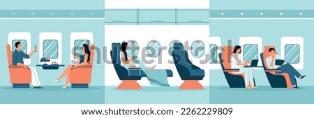 Airplane interior flat concept set with passengers in first and economic class vector illustration