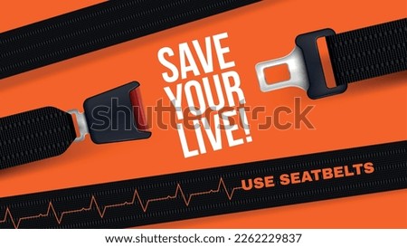 Realistic safety car horizontal poster with editable text and heartbeat cardiogram on top of automobile seatbelt vector illustration