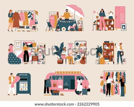 Second hand and sunday market color icons set isolated vector illustration