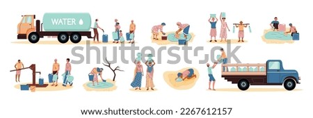 Water scarcity flat set of volunteers distributing humanitarian help to people needy in clean water isolated vector illustration