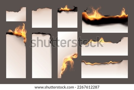 Burned old paper realistic and colored sheets of different sizes smoldering and burning vector illustration
