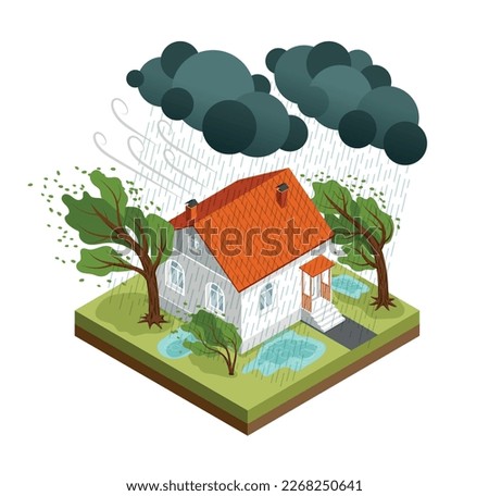 Isometric isolated storm weather composition large house is surrounded by high winds and rain vector illustration