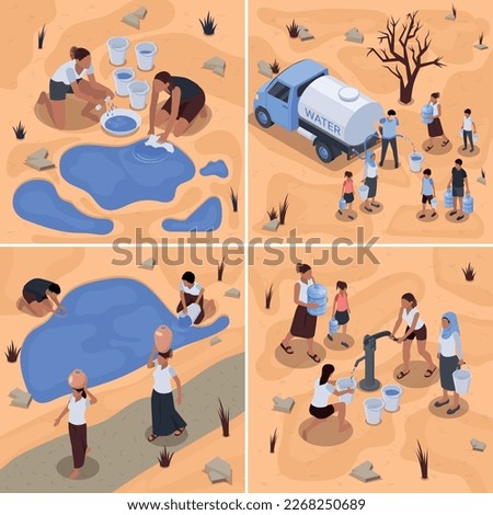 Water scarcity 2x2 design concept with people fill drinking water from the pump truck and lake in desert area isometric vector illustration