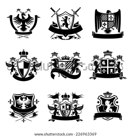 Heraldic Coat Of Arms Decorative Emblems Black Set With Royal Crowns ...