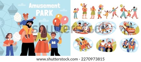 Amusement park flat composition with cartoon style characters of family members having good time taking rides vector illustration